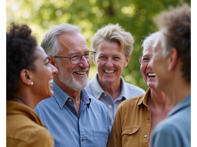 Diverse group of adults sharing laughter outdoors, fostering a sense of community.