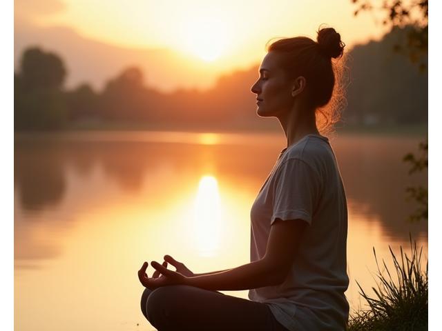 Woman meditating by a lake at sunrise, symbolizing holistic health.