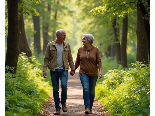 Couple walking in a lush, green forest, representing sustainable lifestyle.