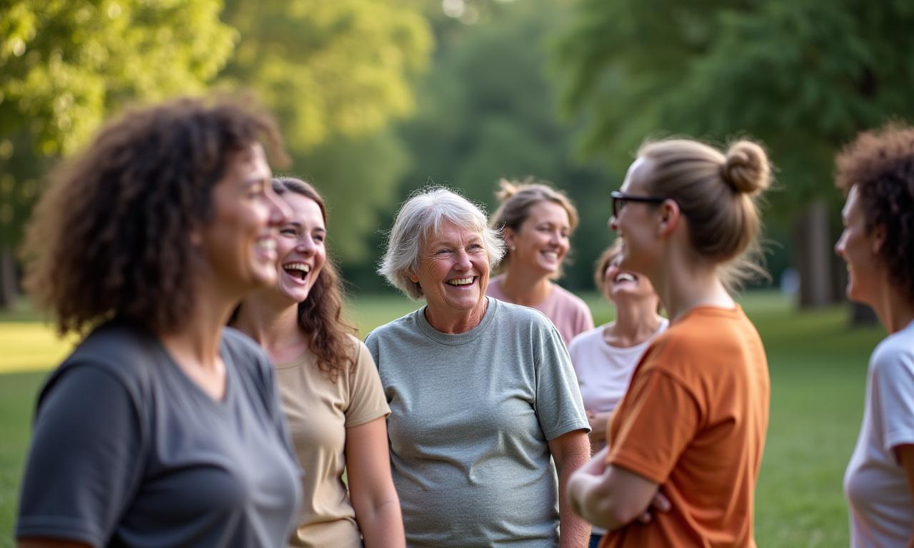 Diverse group of adults laughing and engaging in a community wellness event outdoors, feeling connected and vibrant.