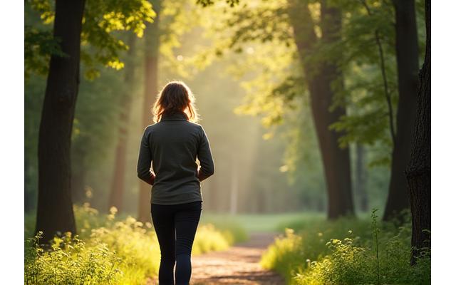Woman enjoying a mindful walk in a serene park, focusing on nature.