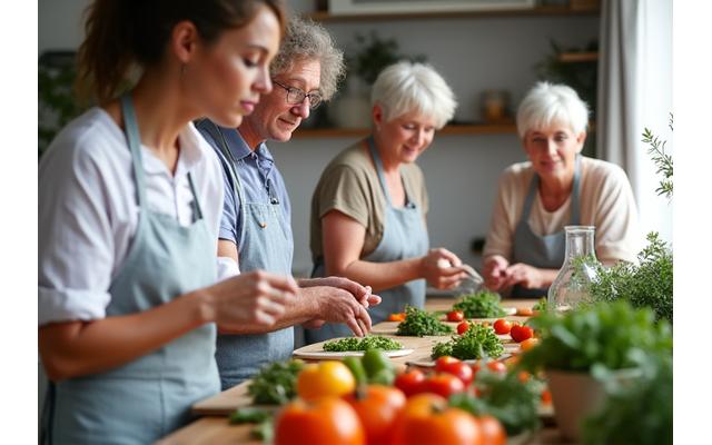Group of adults participating in a healthy cooking workshop, hands-on learning.
