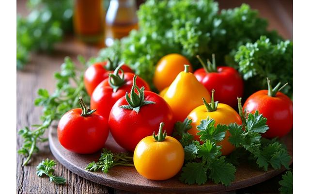Fresh, vibrant fruits and vegetables arranged artfully, symbolizing healthy eating and detox.