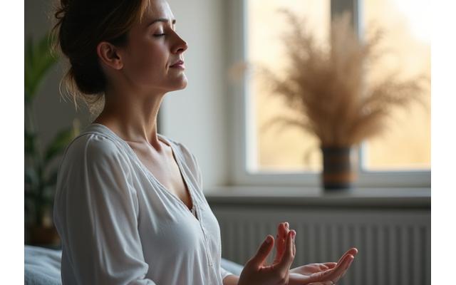 Woman practicing meditation in a quiet, sunlit room, focusing on breathwork.