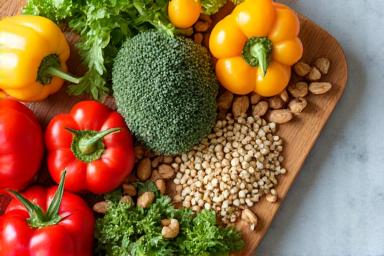 Fresh, colorful food and vegetables on a cutting board
