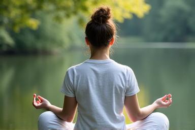 Person meditating peacefully in a serene natural environment
